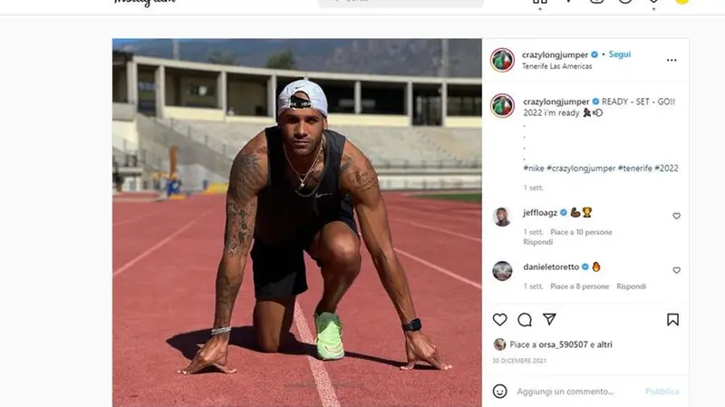 Jacobs, su Instagram foto e video dai suoi allenamenti alle Canarie - Foto tratta da Instagram