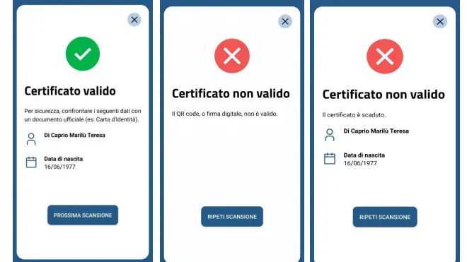 Alcune schermate di risultato possibile, dopo la scansione del Qr code sul certificato - © www.giornaledibrescia.it