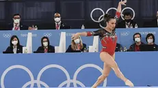 Vanessa Ferrari durante la finale del corpo libero alle Olimpiadi di Tokyo 2020 - Foto Ansa  © www.giornaledibrescia.it