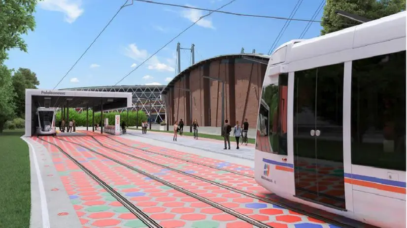 Il tram come dovrebbe presentarsi alla fermata del PalaLeonessa - © www.giornaledibrescia.it