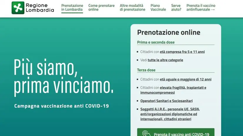 La homepage del portale di prenotazione delle vaccinazioni anti-Covid della Lombardia - © www.giornaledibrescia.it