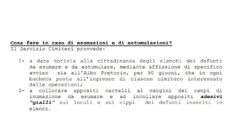 L'estratto dalla Carta dei servizi cimiteriali del Comune di Brescia - © www.giornaledibrescia.it
