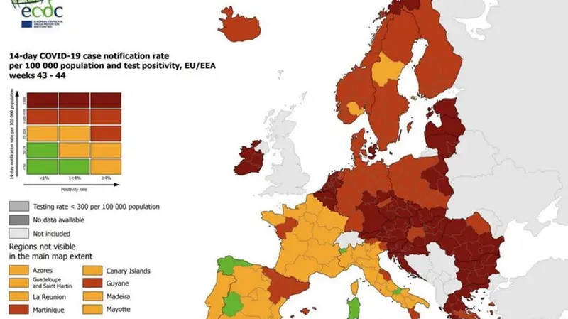 La mappa tratta dal profilo Twitter @ECDC_EU mostra i paesi classificati in base alla situazione relativa al Covid - Foto Ansa  © www.giornaledibrescia.it