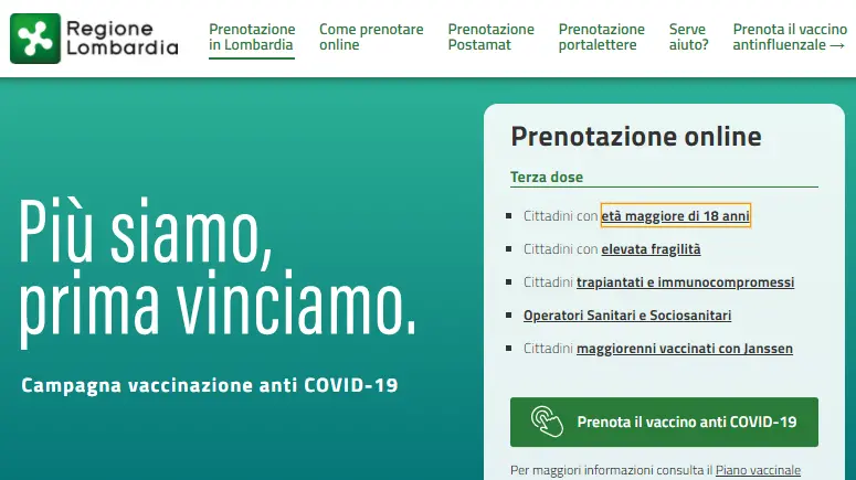 La schermata del portale di prenotazione di Regione Lombardia