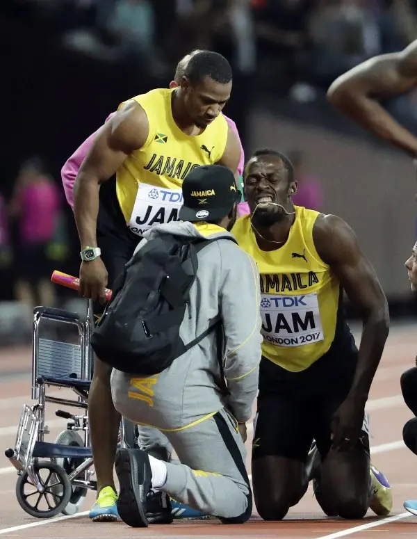 Nell'ultima gara di Bolt, (agosto 2017) l'infortunio alla gamba