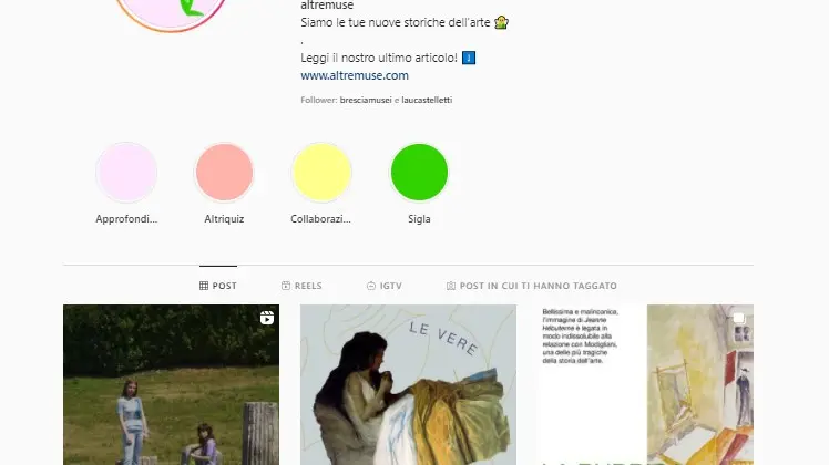 La pagina Instagram di Altre Muse