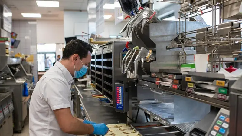 Un addetto al lavoro nella cucina di un ristorante McDonald's