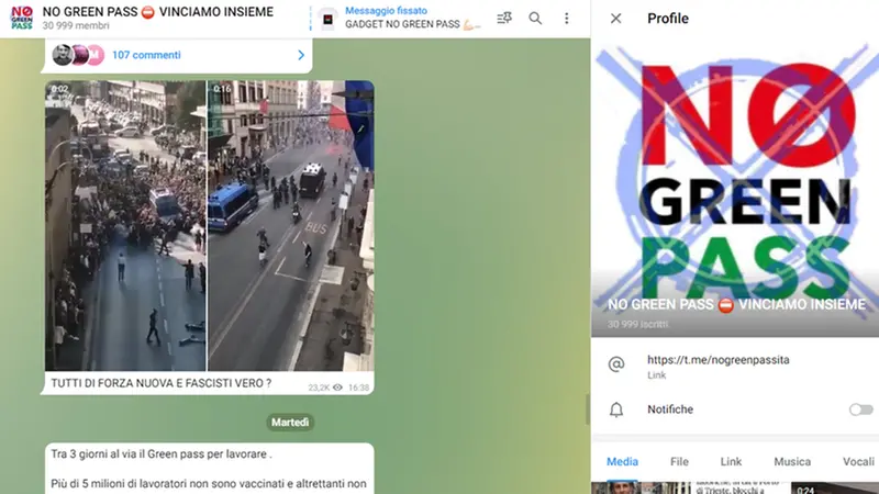 Uno screenshot dal gruppo No Green pass su Telegram