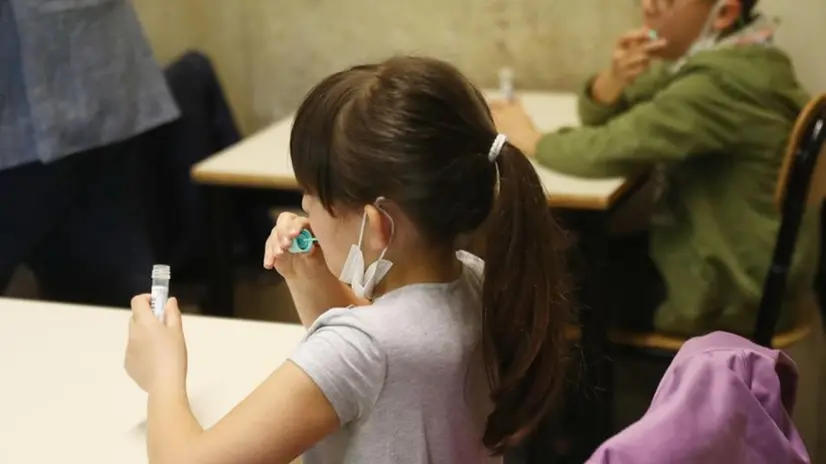 Una bimba a scuola effettua un test salivare - Foto Ansa/Filippo Venezia © www.giornaledibrescia.it