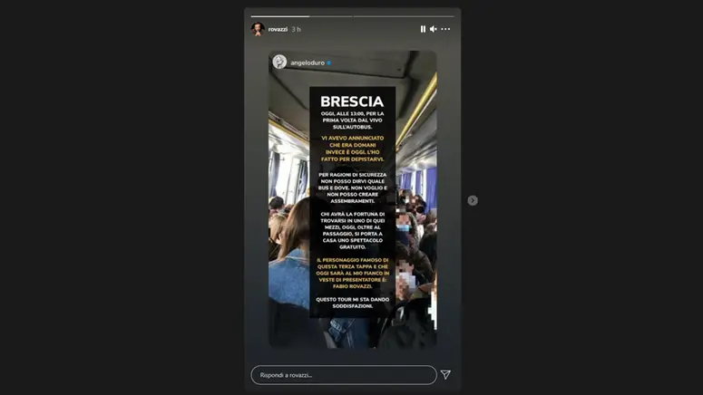 Live sull'autobus: Fabio Rovazzi e Angelo Duro segnalano via Instagram l'avvenuto cambio di data dell'esibizione bresciana