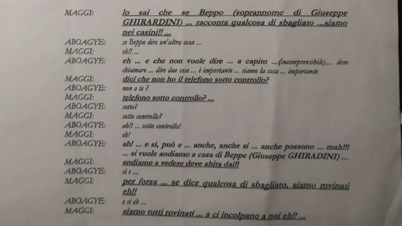 Uno stralcio dell'intercettazione del 2015 che cattura il dialogo tra Maggi e Aboagye - © www.giornaledibrescia.it