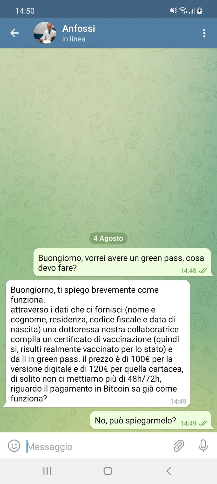 I messaggi che abbiamo scambiato con i referenti delle chat Telegram