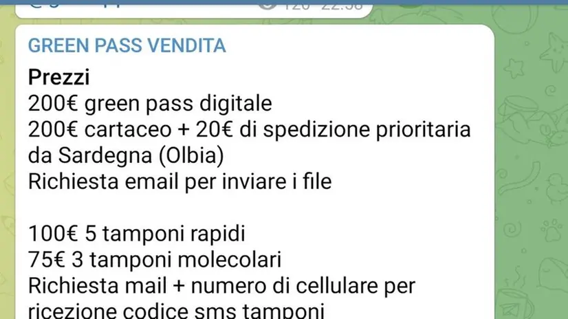 Lo screenshot di un messaggio nelle chat Telegram per la vendita dei Green Pass falsi - Foto © www.giornaledibrescia.it