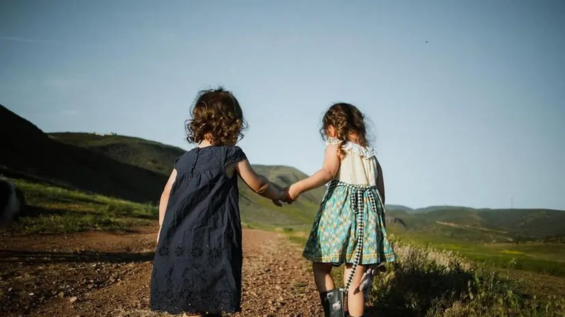 Due bambine si tengono per mano in un prato - Foto © www.giornaledibrescia.it