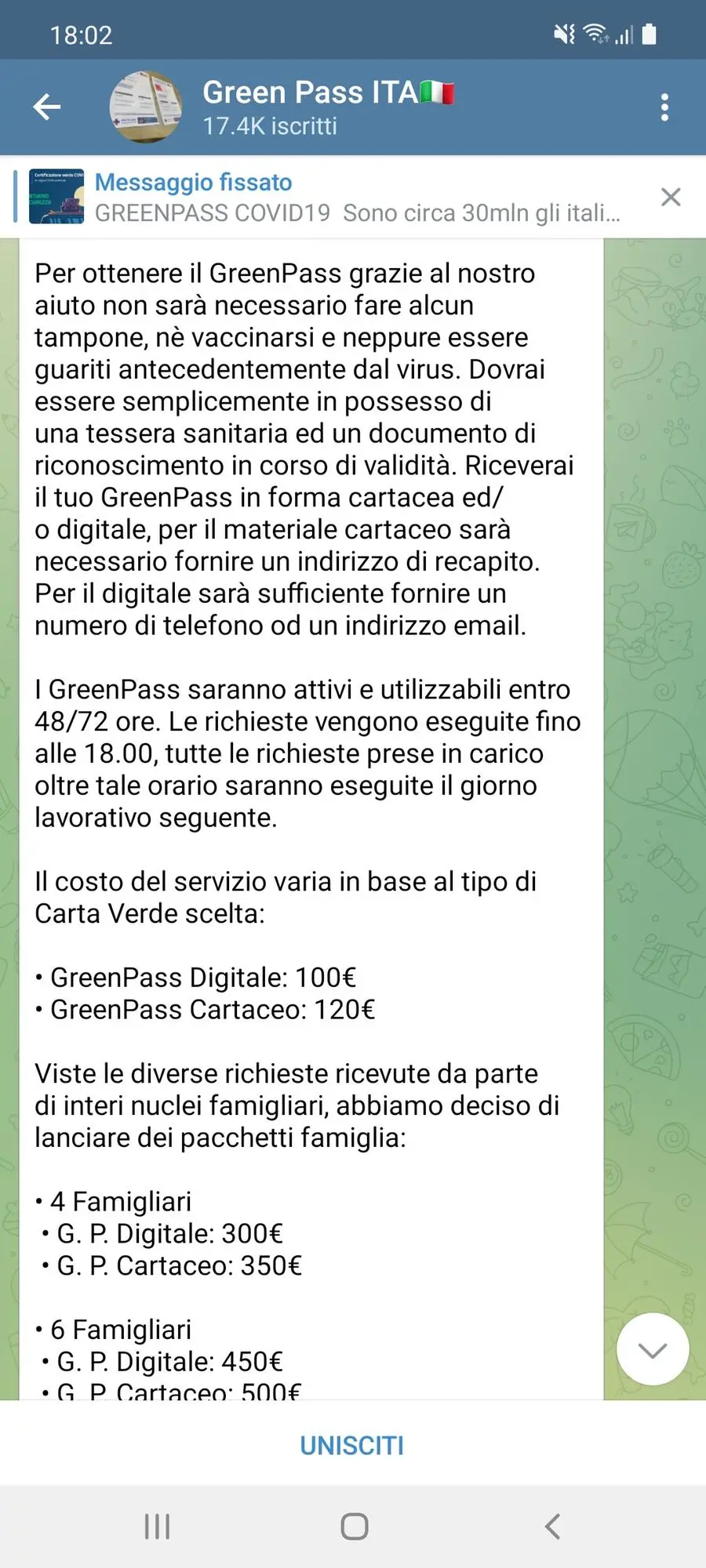 I messaggi di spiegazione in alcune chat Telegram per i Green Pass Falsi
