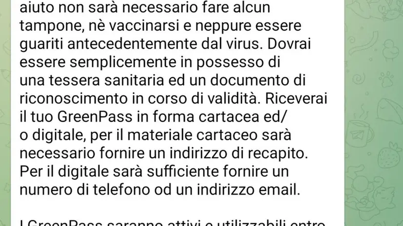 I messaggi di spiegazione in alcune chat Telegram per i Green Pass Falsi
