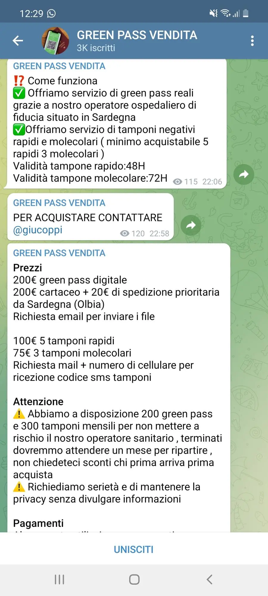 I messaggi di spiegazione in alcune chat Telegram per i Green Pass Falsi