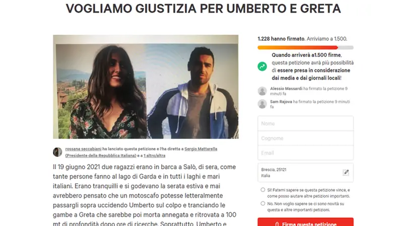 Il testo della petizione «Vogliamo giustizia per Umberto e Greta» su Change.org - Foto © www.giornaledibrescia.it