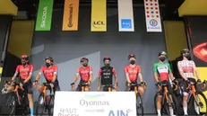 Gli atleti della Bahrain Victorius al Tour del France. In maglia tricolore Sonny Colbrelli - Foto tratta dal sito bahraincyclingteam.com