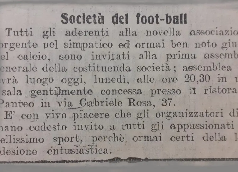 La Provincia di Brescia. Edizione di lunedì 17 luglio 1911: la convocazione di associati e simpatizzanti per la fondazione del Foot Ball Club Brescia