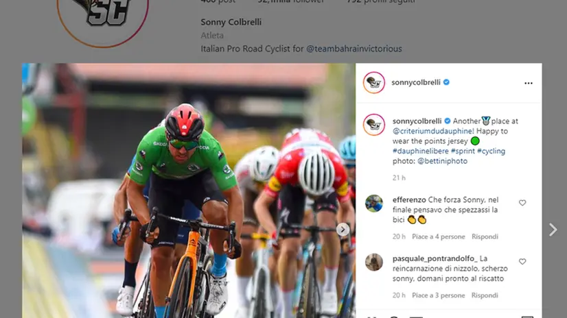 Sulla pagina Instagram di Sonny Colbrelli, già in maglia verde, uno scatto relativo al secondo piazzamento di ieri