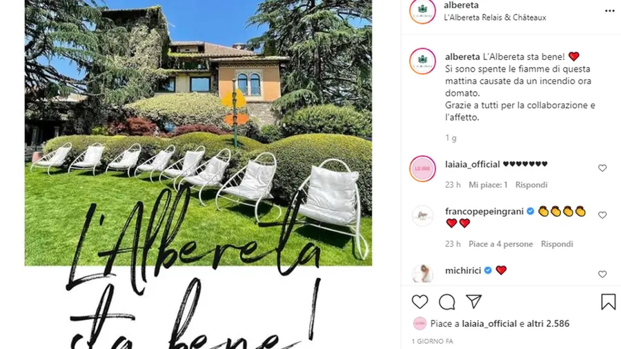 Il post su Instagram dell'Albereta dopo l'incendio - Foto © www.giornaledibrescia.it