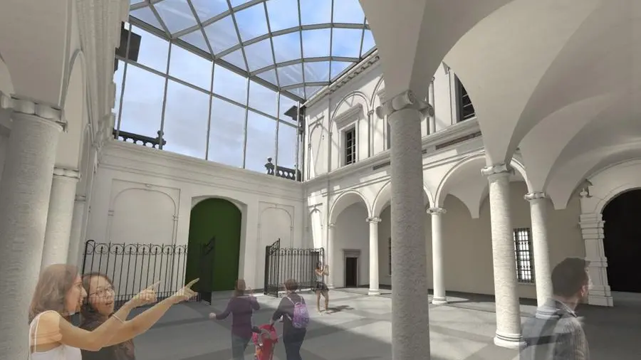 La simulazione grafica della copertura immaginata dal Comune per chiudere il cortile della Pinacoteca Tosio Martinengo - © www.giornaledibrescia.it