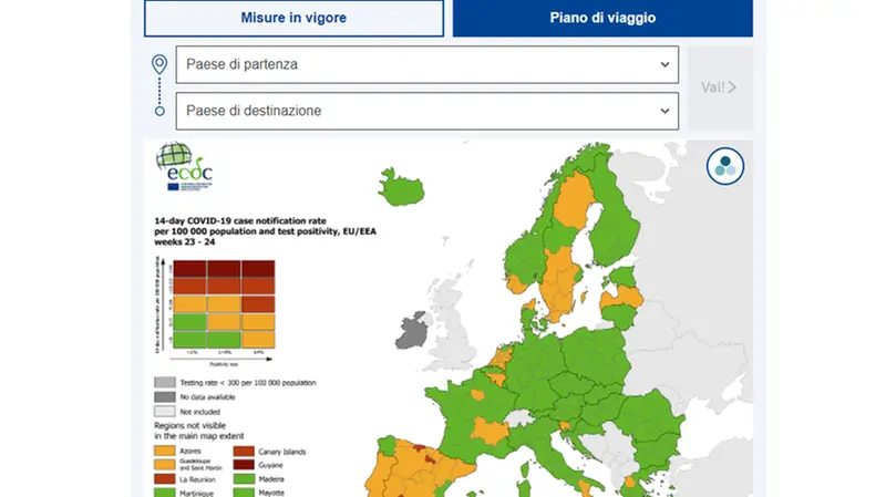 La mappa interattiva per ottenere informazioni su un viaggio in Europa sul sito Re-Open Eu - Foto © www.giornaledibrescia.it