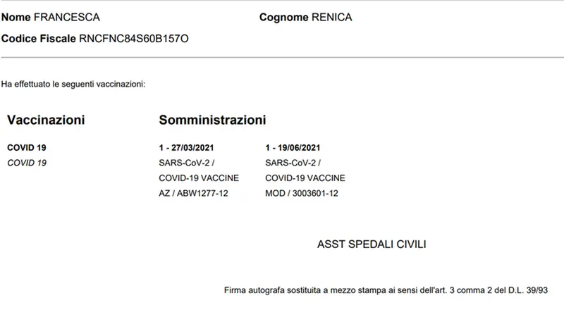 Lo screenshot dal fascicolo sanitario elettronico, che attesta le due dosi - © www.giornaledibrescia.it