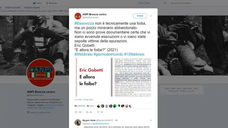 Il tweet di Anpi Brescia Centro finito nell'occhio del ciclone delle polemiche e poi rimosso - © www.giornaledibrescia.it