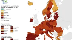 La mappa dei contagi da Covid-19 pubblicata dal Centro europeo per la prevenzione e il controllo delle malattie (Ecdc), aggiornata al 28 gennaio - © www.giornaledibrescia.it