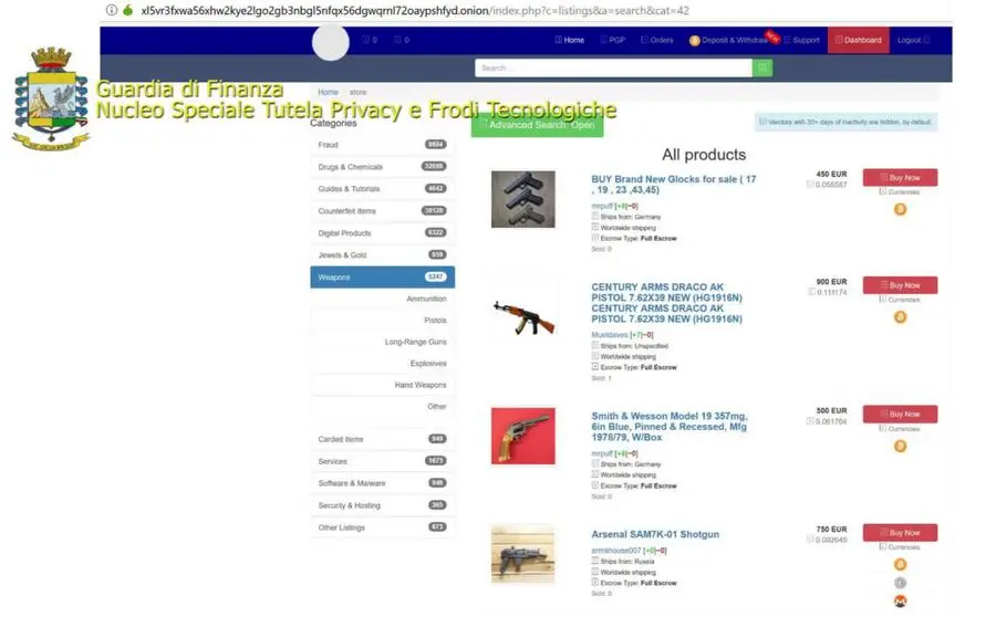 Armi e droga in vendita sul Berlusconi Market nel dark web