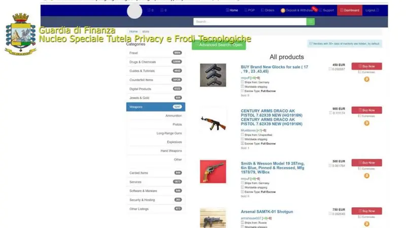Armi e droga in vendita sul Berlusconi Market nel dark web