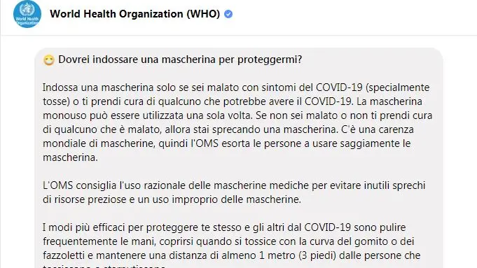 Le indicazioni del risponditore automatico dell'Oms su Facebook - © www.giornaledibrescia.it