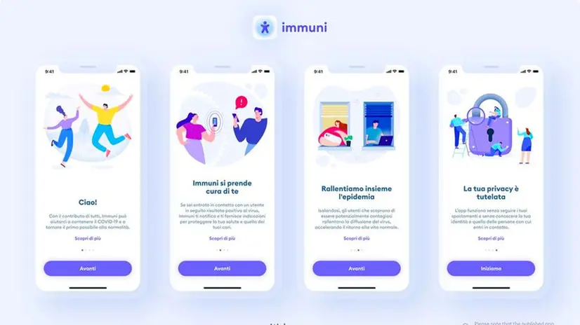Le schermate di benvenuto dell'app Immuni, sviluppata da Bending Spoons