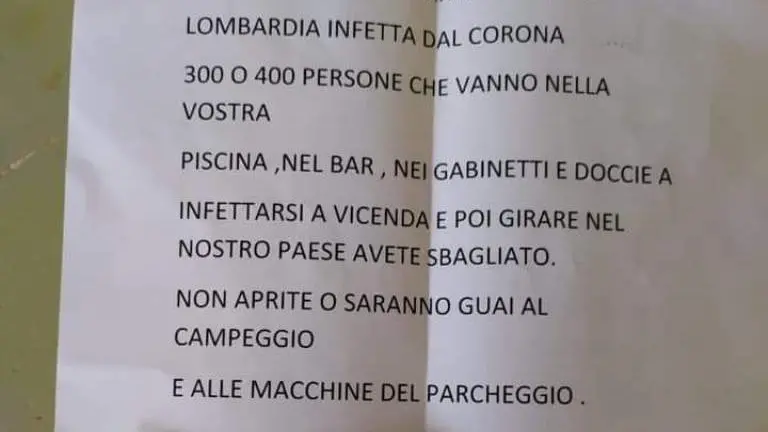 La lettera di minacce arrivata al camping di Anfo - © www.giornaledibrescia.it