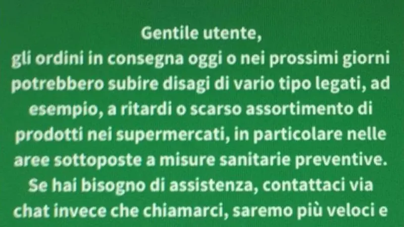 Uno degli avvisi apparsi sui siti dove fare la spesa online - © www.giornaledibrescia.it