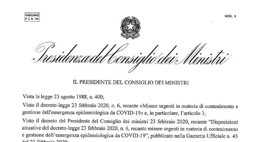 La prima pagina del decreto del Governo