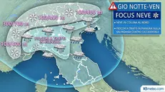 La mappa della imminente nevicata secondo 3bmeteo.com