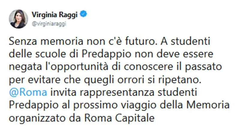Il commento social di Virginia Raggi, sindaca di Roma - Foto © www.giornaledibrescia.it