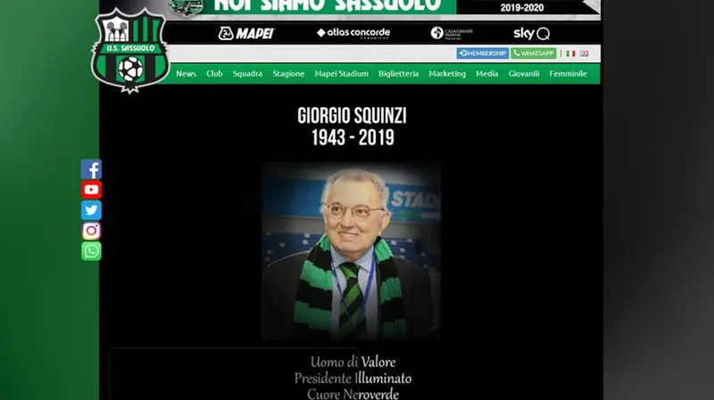 La Home Page del sito del Sassuolo listata a lutto - Foto © www.giornaledibrescia.it