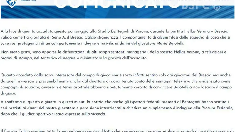 Il comunicato del Brescia Calcio - Sito www.bresciacalcio.it
