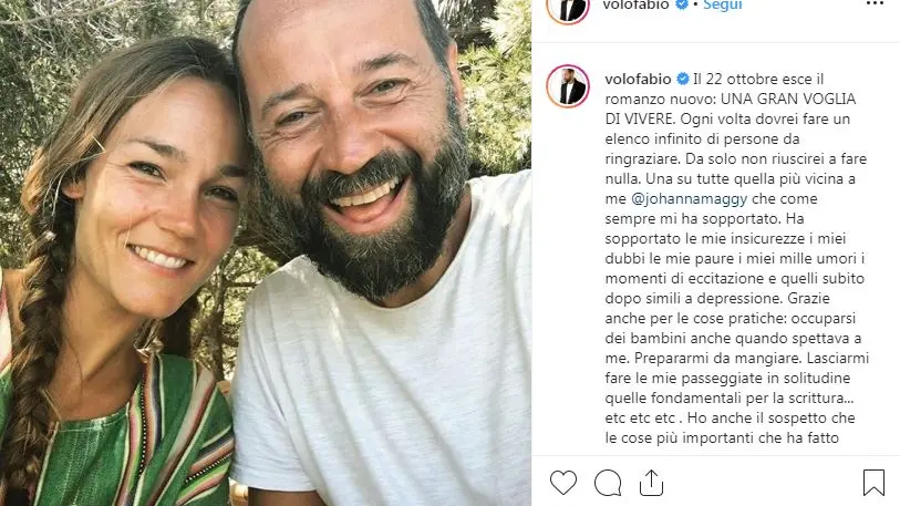 Uno dei post di Fabio Volo su Instagram, qui con la moglie Johanna - Foto Instagram
