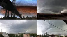 Una scena di Indipendence Day, in alto a sinistra, con vicine le immagini della tempesta di ieri
