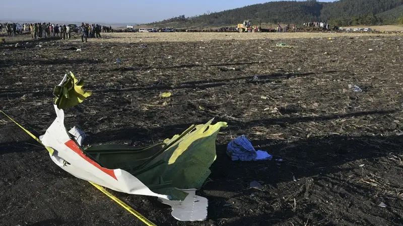 I resti dell'aereo precipitato in Etiopia - Foto Ansa/Epa