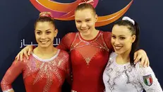 Da sinistra, le tre ginnaste sul podio: Lara Mori, Jade Carey e Vanessa Ferrari