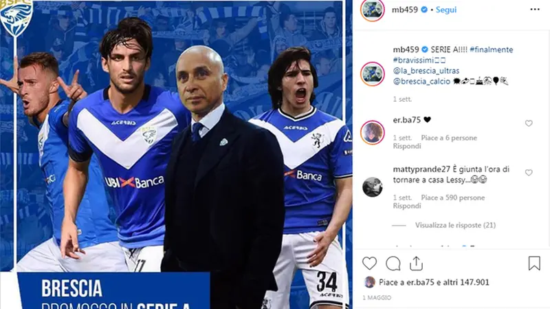 I complimenti al Brescia di Mario Balotelli - Foto Instagram