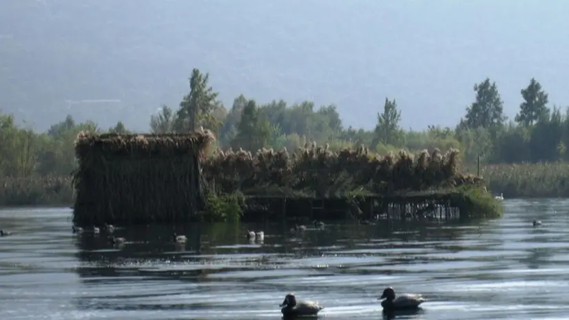 Un capanno di caccia galleggiante sulle acque del lago d’Iseo - Foto © www.giornaledibrescia.it