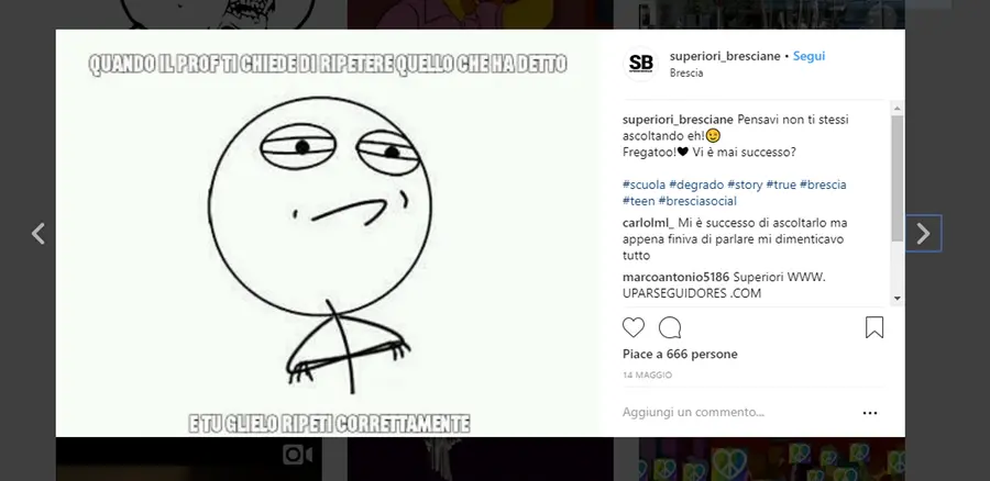 Alcuni post del profilo dedicato alle superiori bresciane