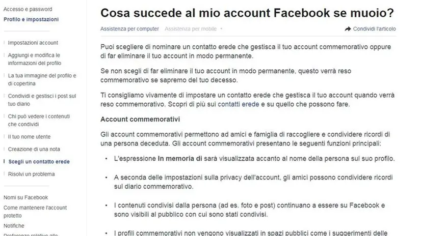 Le spiegazioni sulla gestione del proprio profilo  Fb in caso di decesso - Foto Fb